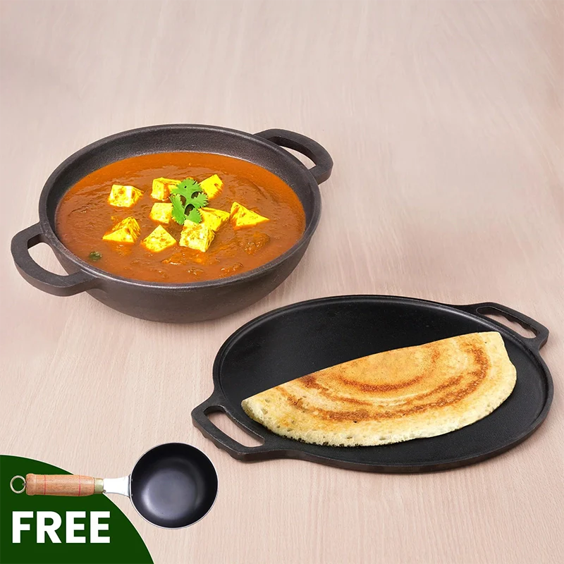 CASTrong Cast Iron Cookware Set: (30.2cm)Tawa+ (25.4cm)Kadai, Kitchen Set for Home, Pre-seasoned, 100% Pure, Toxin-free, Induction, Free ₹400 Tadka Pan