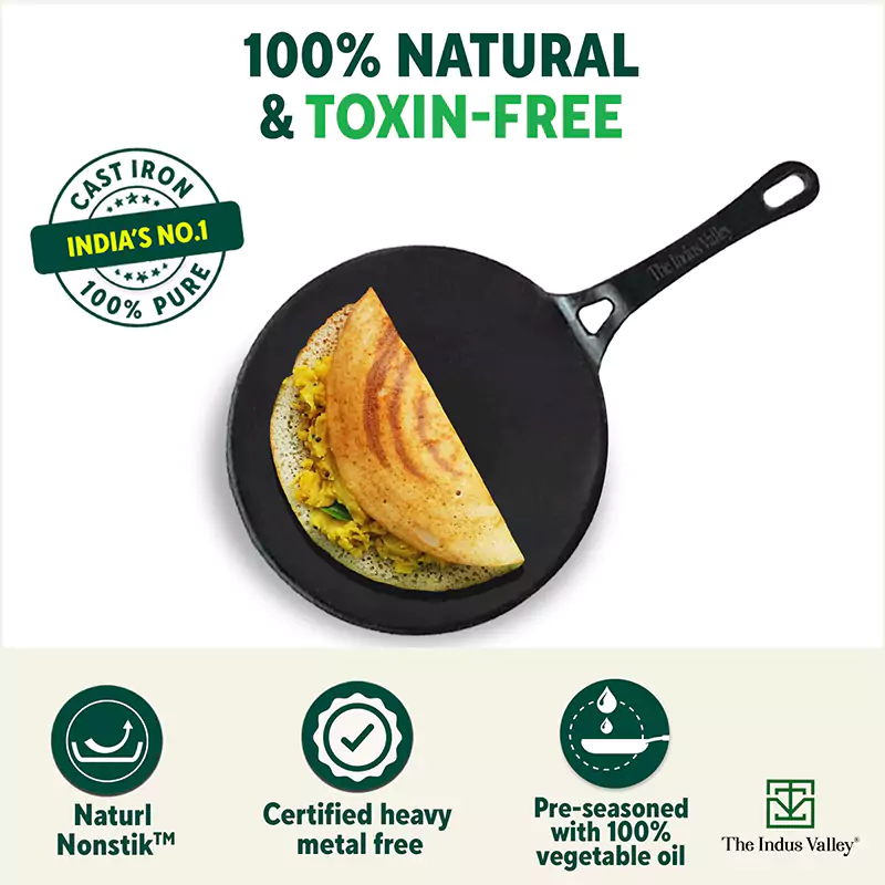 CASTrong Cast Iron Concave Tawa 25.4cm, Pre-seasoned, Naturally Nonstick, 100% Pure, Toxin-free, Free 110 Spatula - Image 4