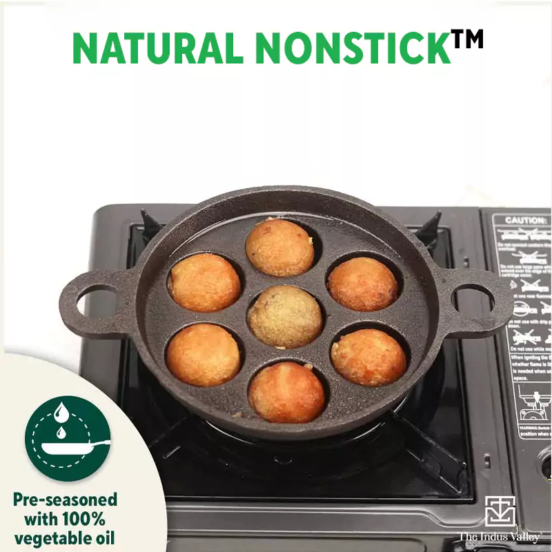 7 Pit, CASTrong Cast Iron Paniyaram/Appe Pan 18.9cm, Pre-seasoned, Natural Nonstick, 100% Pure, Toxin-free - Image 7